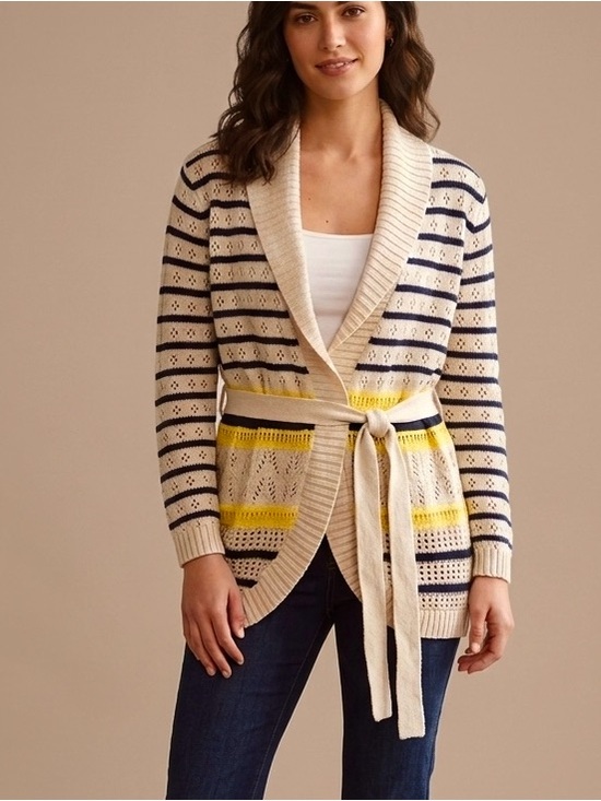 Suzy Shier Sweaters - Suzy Shier Striped Pointelle Tie-Waist Cardigan Size XL fits like Large